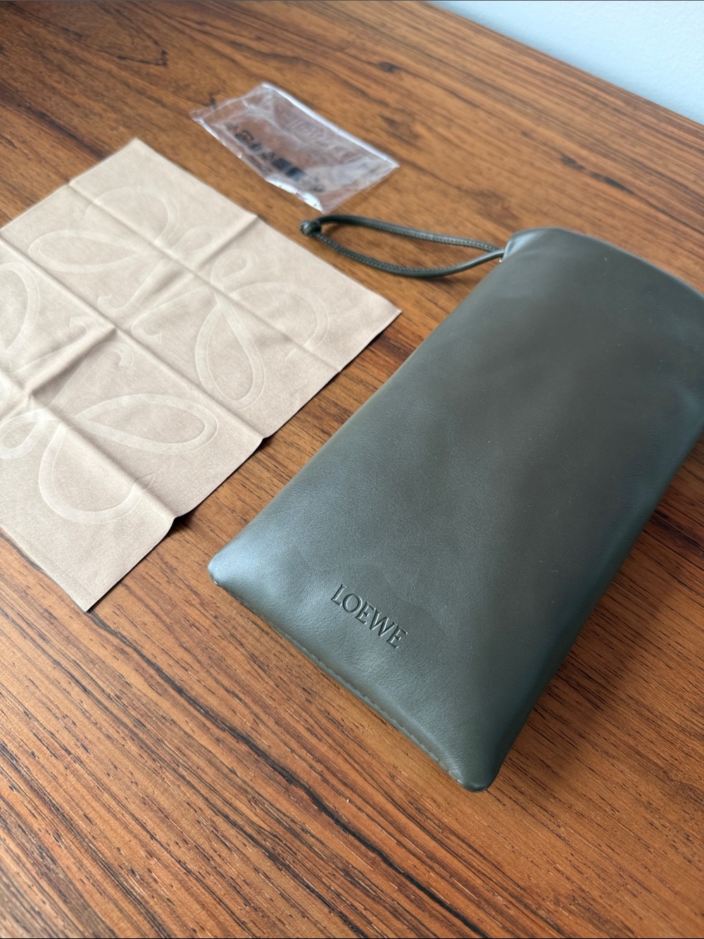 NEW Loewe Grey/Olive Leather Drawstring Pouch for Sunglasses or anything else